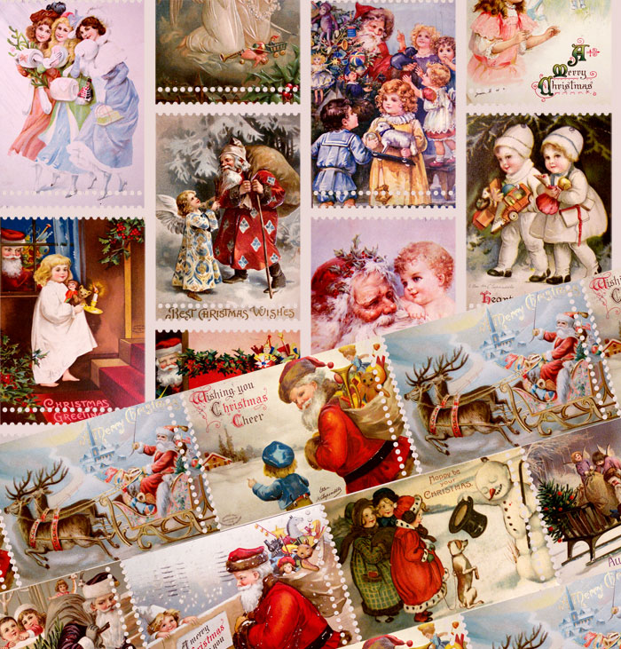 Weihnachtliche Vintage Stoff im Briefmarken Look