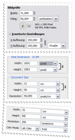 Wir öffnen eine neue Vorlage (optional Lab-Farbraum/8bit) mit einer Auflösung von 59 pixel/cm = 150 pixel/inch. Die Datei hat im besten Fall eine Breite (z.B. 31cm) die proportional zu unserer Stoff-Breite (5x31cm=155cm) ist, so dass das Muster nicht mittig an einem Ende abgeschnitten wird. In Pixeln ist das Bild nun 1831x2953 Pixel groß.